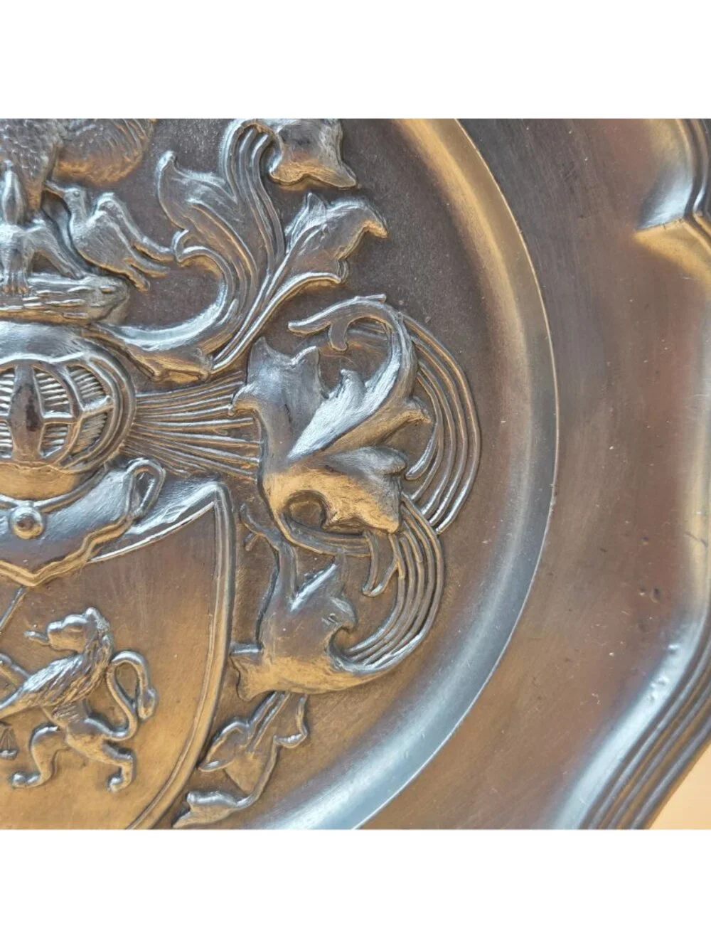 Vintage Pewter Heraldic Wall Plate Swan Lion Coat of Arms Crown Rose Mark
